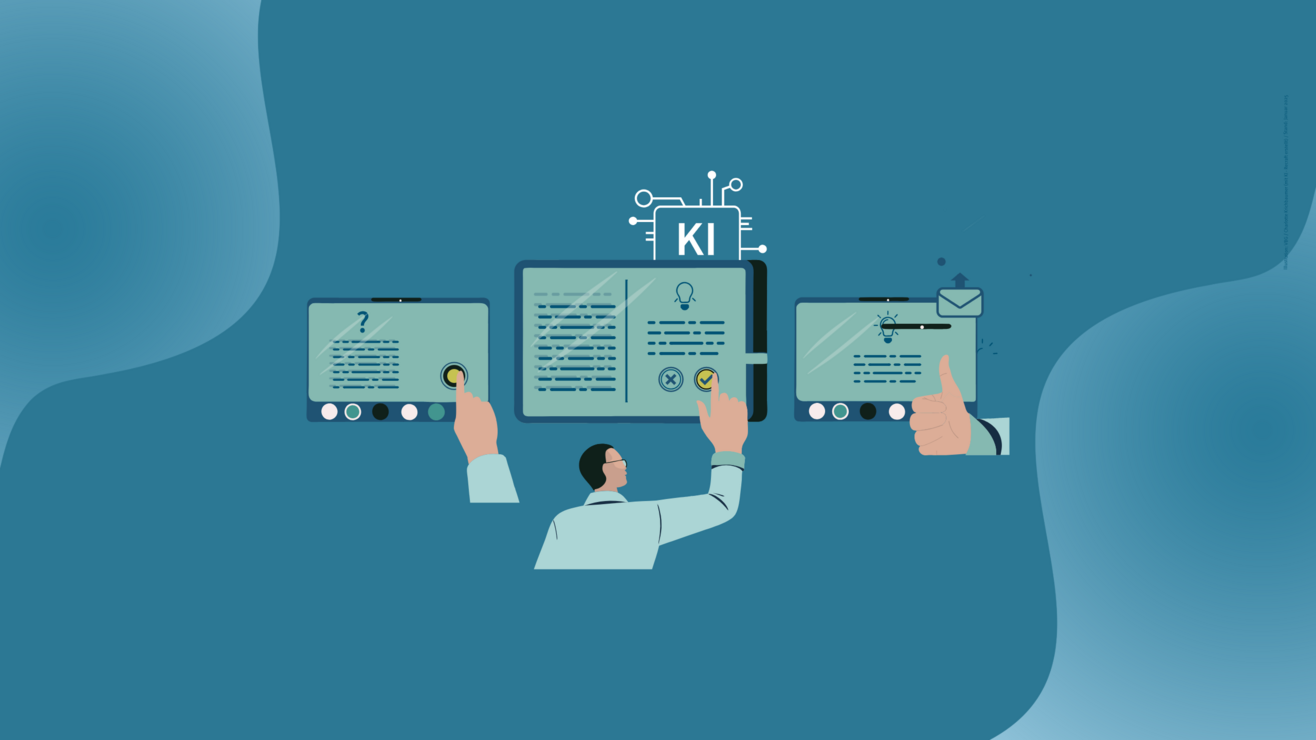 Visualisierung eines dreistufigen Prozesses zur Interaktion mit Künstlicher Intelligenz (KI). Eine Person interagiert mit drei Bildschirmen: Links eine Eingabe (Fragezeichen), in der Mitte die KI-Verarbeitung (Text und KI-Chip-Symbol) mit einer Bestätigung und rechts ein positives Ergebnis (Glühbirne und Daumen hoch) sowie eine versendete Nachricht.