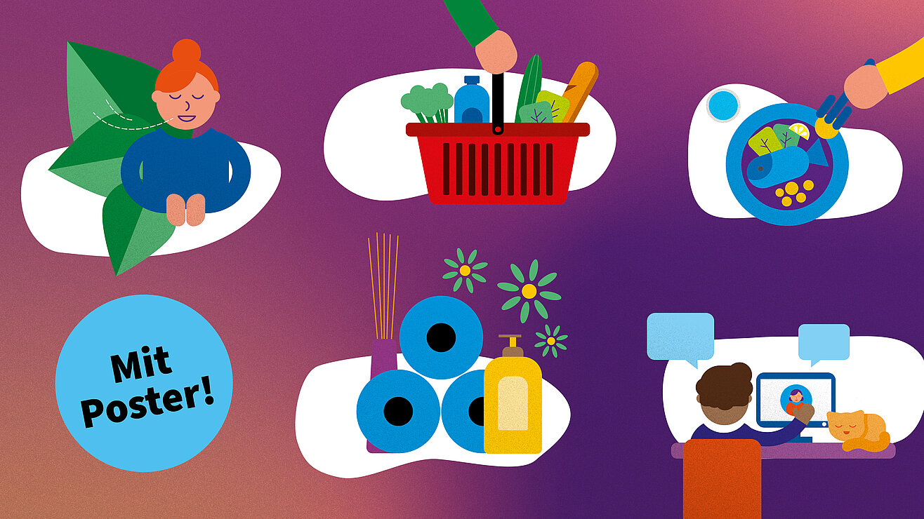 Eine bunte Grafik mit sechs Illustrationen zu verschiedenen Themen vor einem violett-grünem Hintergrund. Oben links: Eine Person meditiert oder entspannt mit gekreuzten Beinen, umgeben von großen grünen Blättern. Oben Mitte: Eine rote Einkaufskorb-Illustration gefüllt mit verschiedenen Lebensmitteln wie Gemüse, Brot und einer Wasserflasche, die von einer grünen Hand gehalten wird. Oben rechts: Ein blauer Teller mit einem gebratenen Fisch und Gemüse, in das eine gelbe Gabel sticht. Unten links: Ein großer blauer Kreis mit dem weißen Text "Mit Poster!". Unten Mitte: Eine Illustration von Raumduftstäbchen in einer violetten Vase, drei blaue Bälle (möglicherweise Seifenstücke oder Toilettenpapier), ein gelber Seifenspender und kleine grüne Blumen. Unten rechts: Eine Person sitzt vor einem Laptop mit einer Videokonferenz auf dem Bildschirm und spricht in eine blaue Sprechblase. Rechts von der Person liegt eine orangefarbene Katze auf dem Tisch.