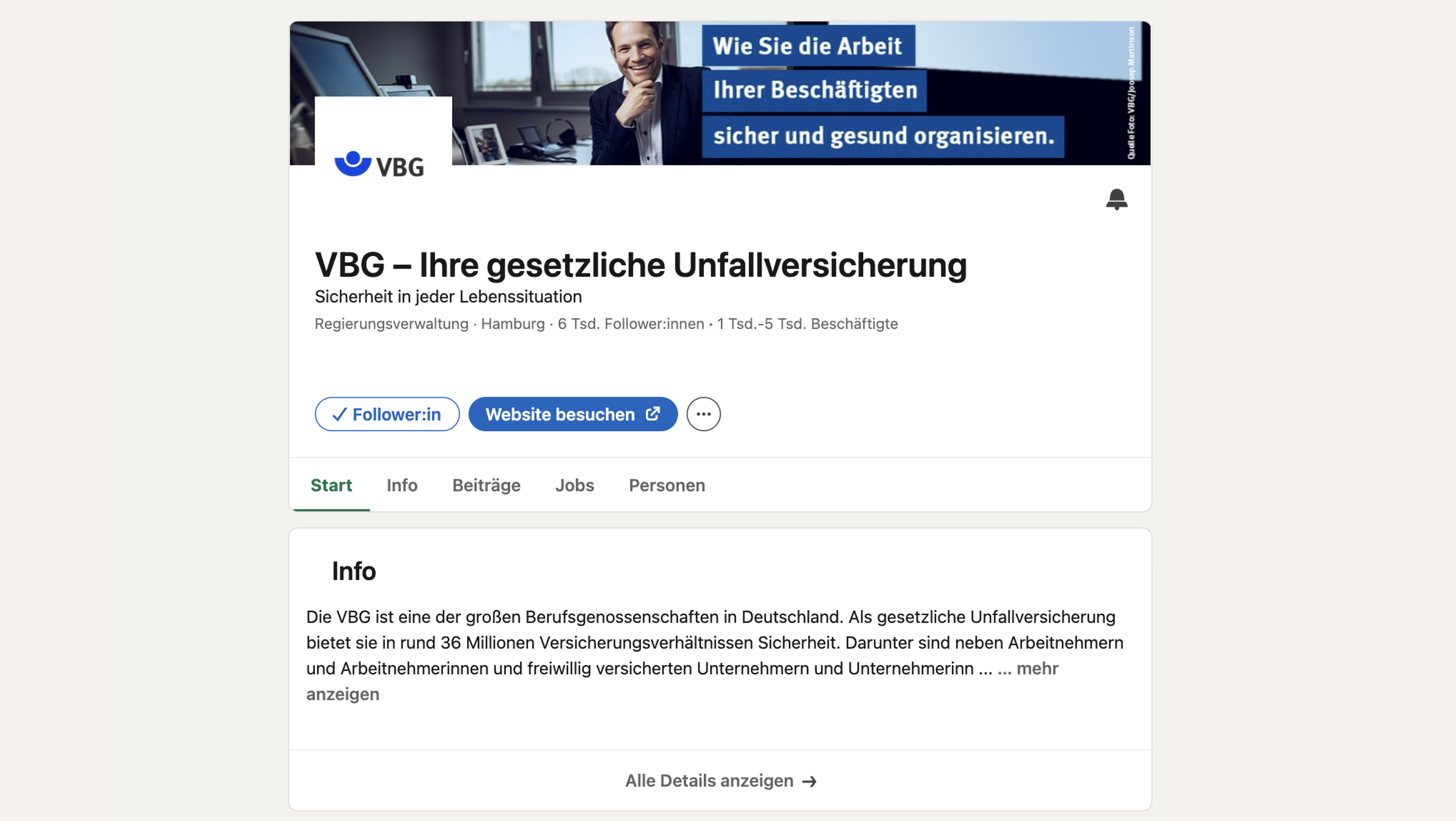 Im beruflichen Netzwerk LinkedIn tritt die VBG nicht nur als Arbeitgeberin auf: Hier teilt das Unternehmen Tipps und aktuelle Hinweise mit allen Interessierten.