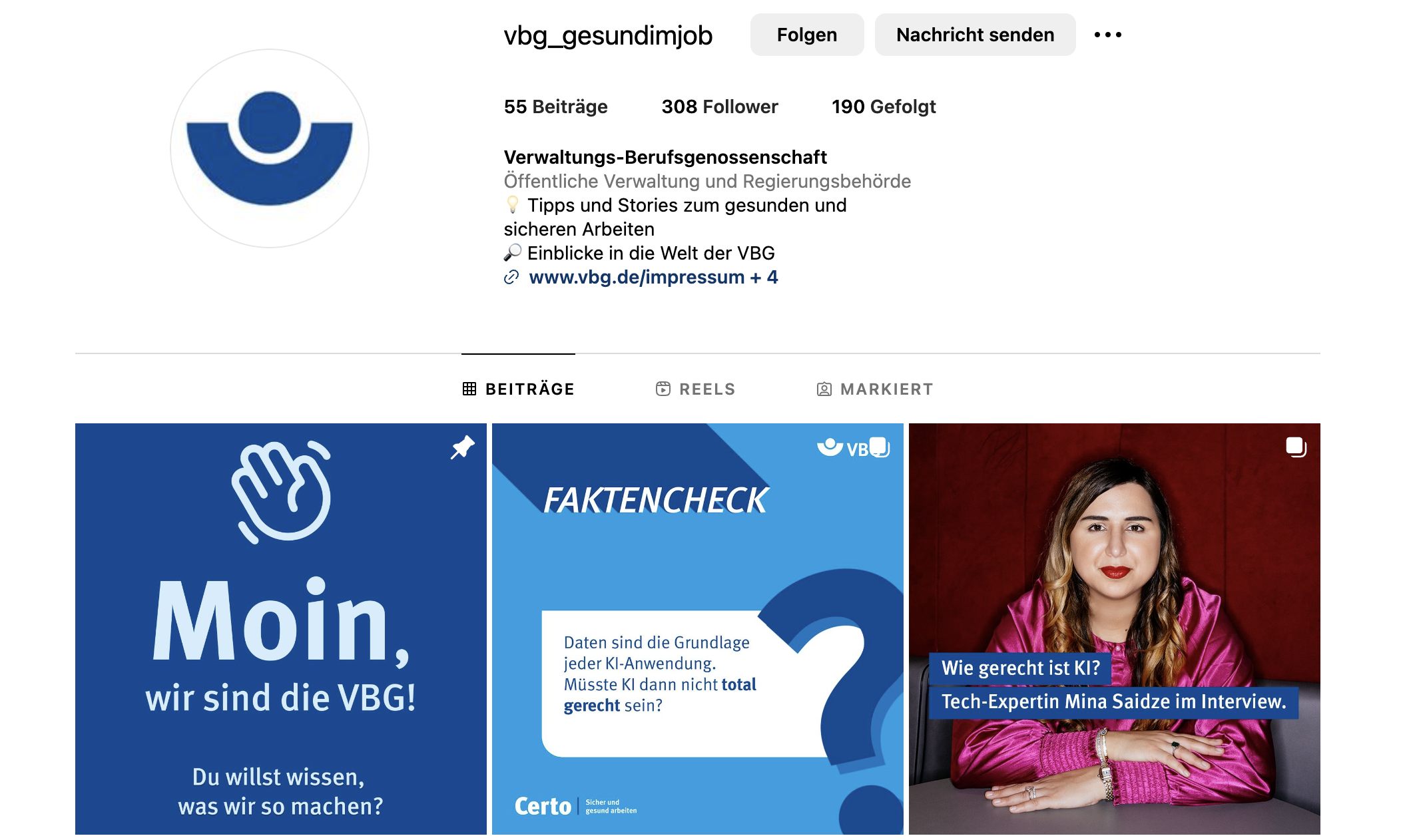 Auf ihrem Instagram-Kanal spricht die VBG auch Arbeitnehmerinnen und Arbeitnehmer mit Informationen und Tipps zum sicheren und gesunden Arbeiten an.
