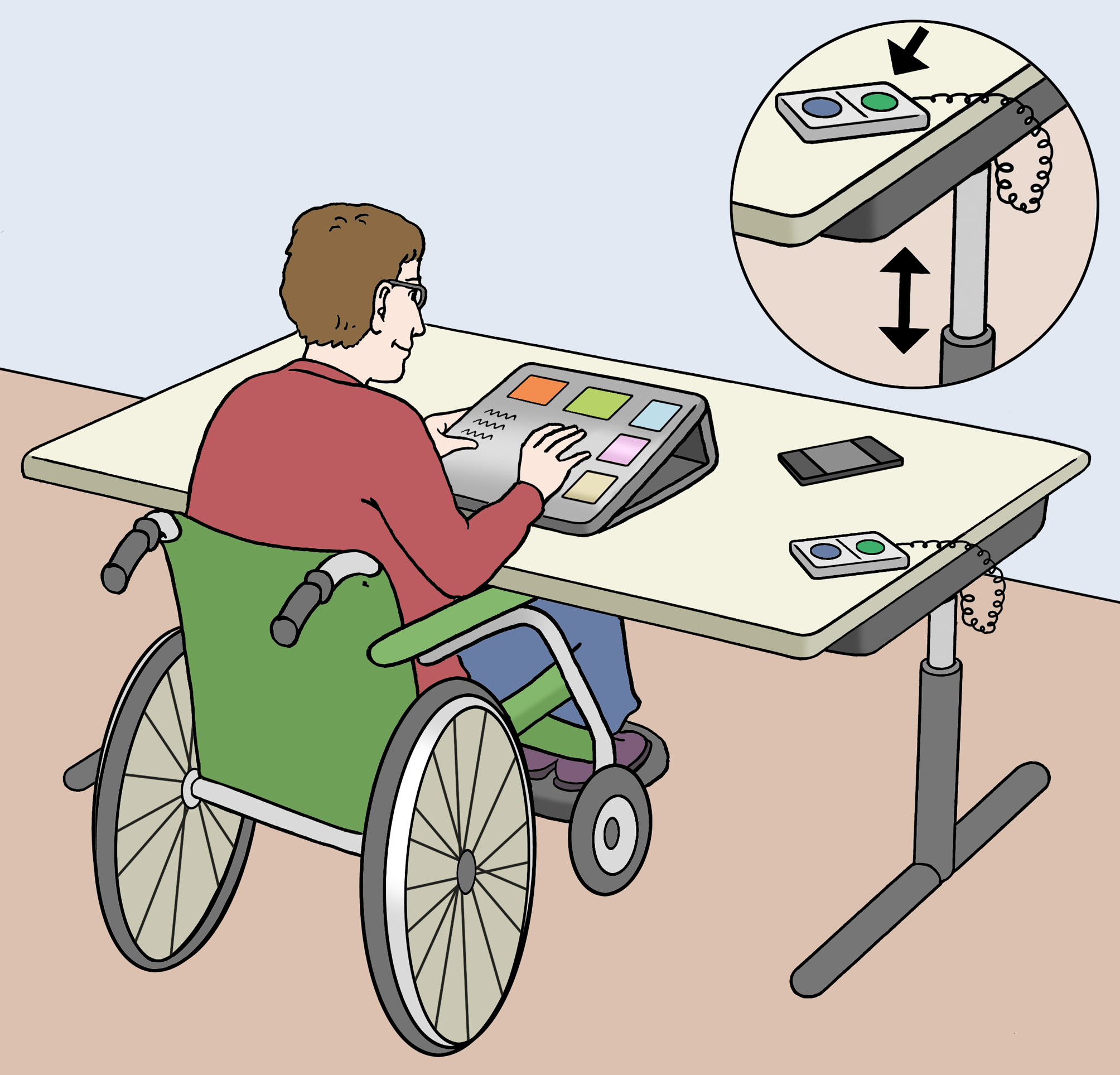 Illustration: Ein behindertengerechter Arbeitsplatz. Eine Person sitzt im Rollstuhl an einem höhenverstellbaren Schreibtisch.